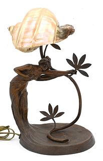 French Art Nouveau Figural Shell Shade Lamp, height 13 1/2 inches.
