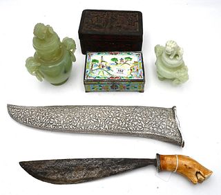 Group of Chinese Items, to include two carved hardstone jade covered jars, enameled box, carved box and a Persian dagger with sheath, length 22 inches