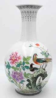 Large Chinese Porcelain Vase, having painted birds and blossoming flowers, height 17 1/2 inches.