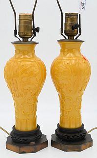 Pair of Yellow Peking Glass Vases, with dragons, mounted into table lamps, drilled, vase only height 8 1/2 inches.
