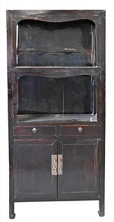 Lacquered Chinese Cabinet, having two tiers of open shelving, above two drawers over two doors, height 68 inches, width 32 inches.