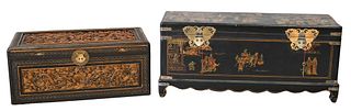 Two Piece Chinese Lot, to include two lift top trunks, one heavily carved, along with one having chinoiserie motif; height 20 inches, width 44 inches.