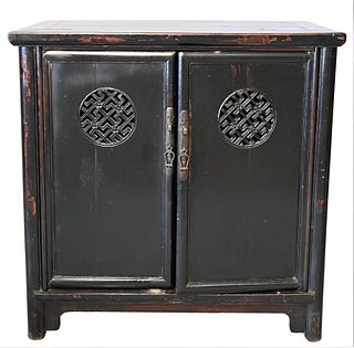 Chinese Low Cabinet, having two doors opening to fitted interior with two drawers, height 36 inches, width 36 inches.