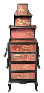 Alphonse Giroux and Company Chinoiserie Etagere Cabinet, having fold out side shelves with birdseye maple interior, top chest broken, height 61 inches
