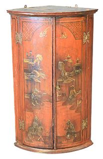 Two Piece Lot, to include chinoiserie decorated hanging corner cabinet, along with a chinoiserie decorated armchair; corner cabinet height 36 1/2 inch