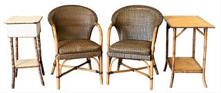 Four Piece Faux Bamboo Lot, to include a pair of armchairs, along with two occasional tables.
