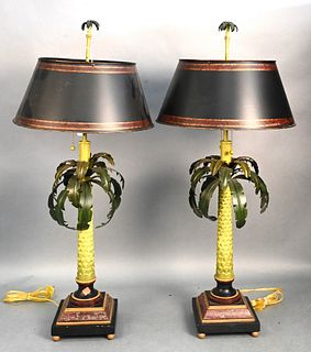 Pair of Painted Tole Table Lamps, in the form of palm trees on square bases with tole shades, height 37 inches.