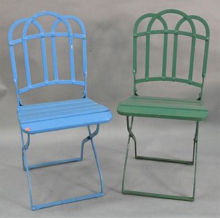Set of Eight Iron Folding Chairs, having wood slat seats.