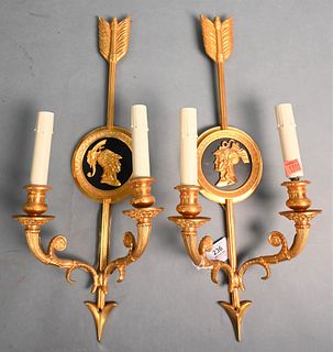 Pair of Contemporary Brass Sconces, having arrows, electrified, height 19 1/2 inches.