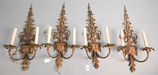 Set of Four Brass Sconces, electrified, height 23 inches.