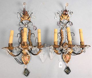 Pair of Metal and Crystal Sconces, electrified, height 22 inches.