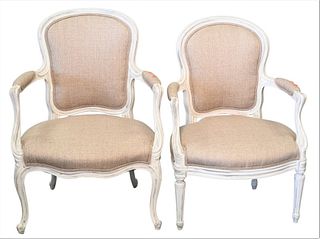 Near Pair of French Open Armchairs, one Louis XV style, along with one Louis XVI style; height 36 inches, width 26 inches.
