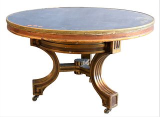 Round Gilt Decorated Coffee Table, having glass top and brass trim, imperfections under glass, height 24 inches, diameter 39 1/4 inches.
