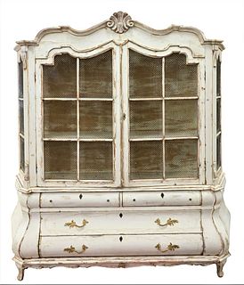 Dutch Style Breakfront, in distressed white with grill work doors and sides, in two parts, height 85 inches, width 82 inches.