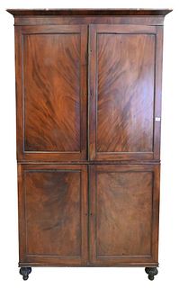 Two Part Mahogany Linen Press, top having fitted interior, height 92 inches, width 48 inches, depth 20 1/4 inches.