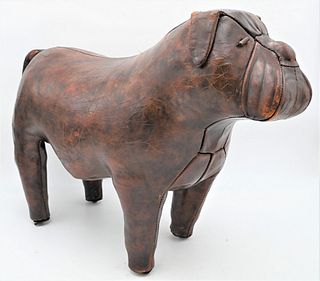 Dimitri Omersa for Abercrombie and Fitch Brown Leather Bulldog Footstool/Ottoman, height 18 inches, length 26 inches.