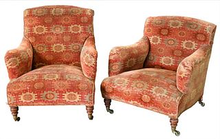Near Pair of Custom Club Chairs, attributed to George Smith, having custom upholstery, One size: 31" high, 29 1/2" wide, 34" deep, seat 13 1/2" high o