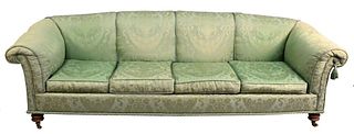 Custom Sofa Attributed to George Smith, having custom upholstery and four seat cushions, height 31 inches, length 104 inches.