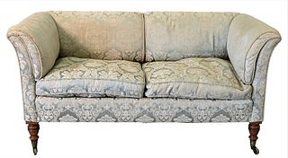 Custom Upholstered Victorian Style Settee, attributed to George Smith, height 29 inches, length 58 inches.