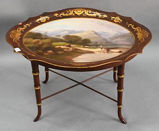 Papier Mache Coffee Table/Tray on Stand, having hand painted scene, height 20 1/2 inches, top 28" x 33".