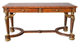 Maitland Smith French Empire Style Writing Table, having leather top and two drawers, height 29 1/2 inches, top 28" x 60".