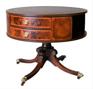Mahogany Drum Table, having leather top over revolving case with four drawers, on pedestal base, height 29 inches, diameter 36 inches.