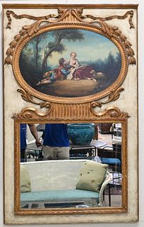 19th Century French Trumeau Mirror, oval oil on canvas depicting two lovers in pasture, over rectangle mirror, 63" x 39".