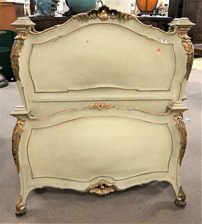 Pair of Venetian Painted Twin Size Beds, complete with rails, height 51 inches, width 46 inches.