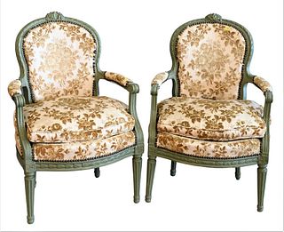 Pair of Louis XVI Style Fauteuil, height 35 inches, width 24 inches.