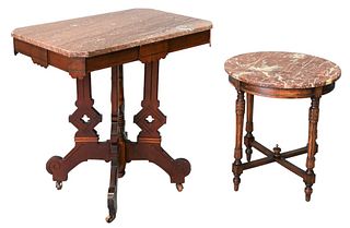 Two Tables, having brown marble tops, one round, one rectangle, height 22 inches and 30 inches.