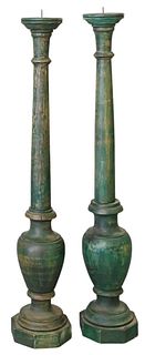 Pair of Turned Wooden Pricket Floor Candlesticks, height 55 inches.