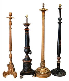 Four Piece Lot, to include three painted floor lamps, one chinoiserie style, one having hoof feet, with one carved with gilt finish; along with a gilt