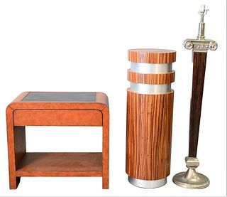 Three Piece Lot, to include a leather Bogart table, Art Deco round stand, along with an Art Deco floor lamp, height 56 inches.