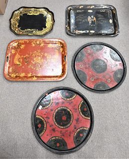 Five Trays, to include two round tole hand painted; two rectangular tole; along with one papier mache.