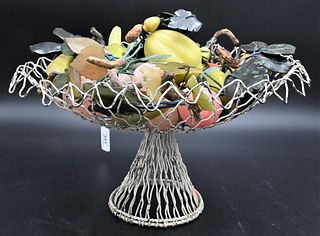 Group of Carved Hardstone Fruit and Jadeite Leaves, in wire compote, total height 10 inches, diameter 14 inches.