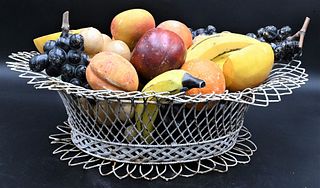 Large Group of Alabaster and Stone Fruit, in woven iron basket, to include pears, apples, bananas, grapes, lemon, etc, total height 9 1/2 inches, leng