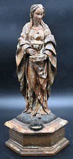 Italian Polychrome Painted and Gilt Gesso Carved Wood Figure, Virgin Mary holding an urn on pedestal base, height 17 inches.