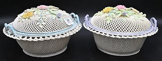 Pair of Large Belleek Round Covered Baskets, each having encrusted flower top, twig handles, four strand, impressed mark on bottom, height 6 inches, d