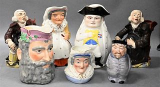 Group of Seven Toby Jugs and Mugs, to include two night watchman, George Whitfield characters, Staffordshire, Henry the 8th, pink luster staffordshire