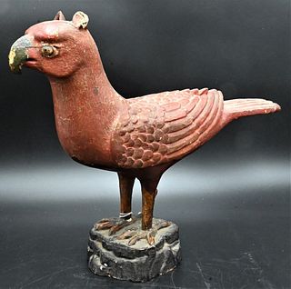 Carved and Painted Folk Art Wooden Bird, repaired, height 12 1/2 inches, length 16 1/2 inches.