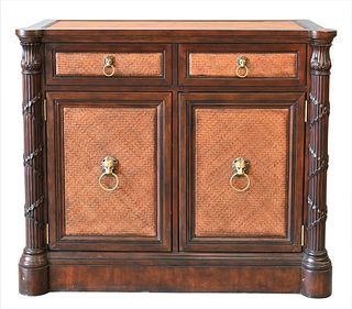 Maitland Smith Bar/Cabinet, having lift top opening to reveal center brass ice buckets, two wells over two doors, one with fitted bottle interior, hei