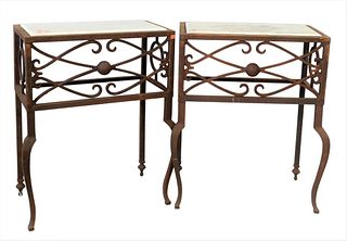 Pair of Iron Tables, having stone tops on scrolled legs, height 33 1/2 inches, top 14 1/2" x 26 1/2".