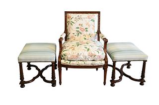 Three Piece Upholstered Lot, to include Louis XVI style armchair; along with a pair of ottomans having X stretchers, height 17 1/2 inches, top 18 1/2"