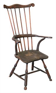 Fan Back Windsor Armchair, on turned legs, 18th century, seat height 16 inches, height 44 inches.