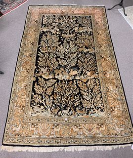 Silk Oriental Throw Rug, depicting animals, 4' 6" x 7'.