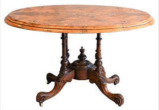 English Burl Walnut Inlaid Breakfast Table, having tip top, crack in top, height 27 inches, top 34" x 45".