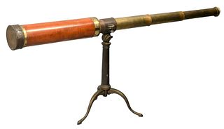 19th Century English Telescope, wood and brass on heavy brass tripod stand, height 12 inches, length 36 inches.