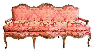 Louis XV French Sofa, 19th century, having open arms and down cushions, height 42 inches, length 74 inches.