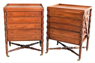 Pair of Mahogany Five Drawer Chests, having brass wheels, height 27 inches, top 15 1/2" x 20 1/2".