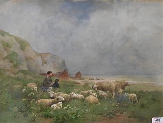 Luigi Chialiva (France, 1842 - 1914), watercolor, boy and girl with sheep on shoreline, signed lower right, 16 1/2" x 21 1/2".
